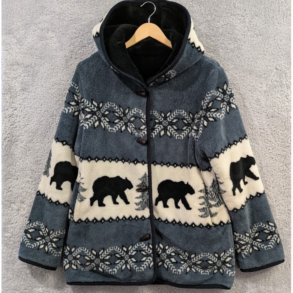 VTG Nordic Lights Reversible Hooded Fleece Jacket Medium Bears Snowflakes *Flaws